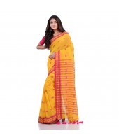 DESH BIDESH Women`s Traditional Bengali Tant Handloom Cotton Saree Galaxi Design With Blouse Piece(Yellow)